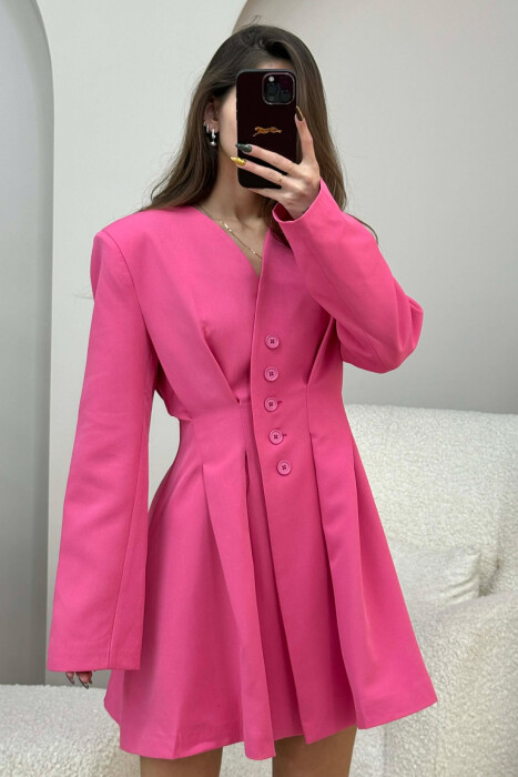 ONE COLOR BUTTONED SHORT WOMEN DRESS FUCHSIA/CIKLAMI - 3