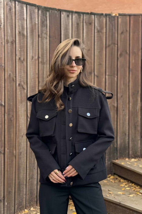 ONE COLOR BUTTONED SIMPLE WOMEN COAT BLACK/ E ZEZE - KLAUDIO FASHION