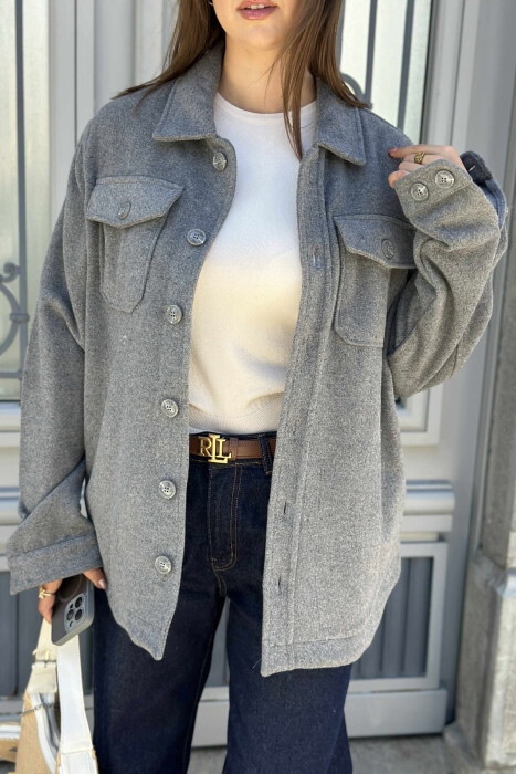 ONE COLOR BUTTONED SIMPLE WOMEN JACKET GREY/GRI - 2