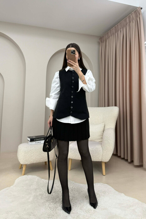 ONE COLOR BUTTONED VEST + SHORT SKIRT KNITTED WOMAN SET BLACK/ E ZEZE - 1