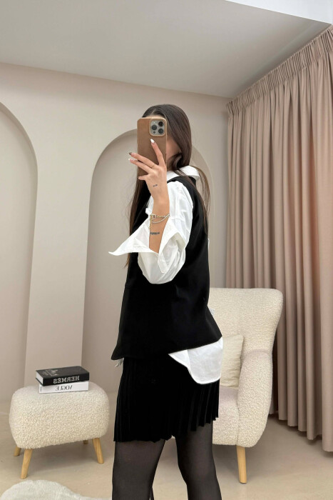ONE COLOR BUTTONED VEST + SHORT SKIRT KNITTED WOMAN SET BLACK/ E ZEZE - 4