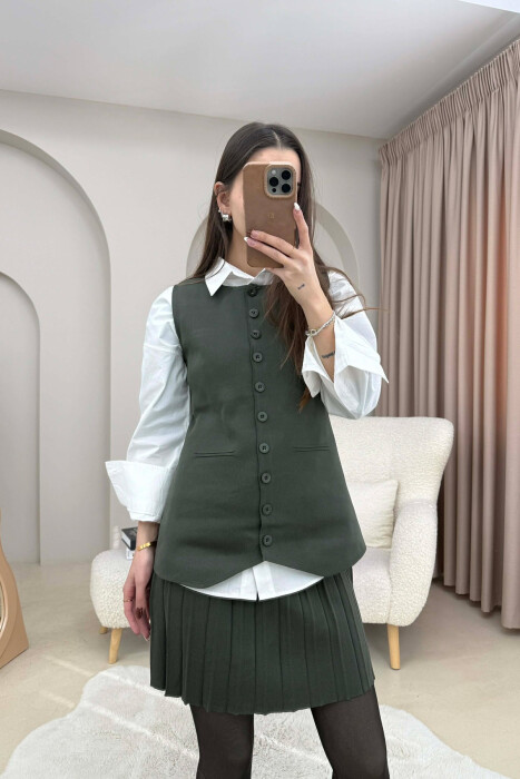 ONE COLOR BUTTONED VEST + SHORT SKIRT KNITTED WOMAN SET DARK GREEN/JEE - 2