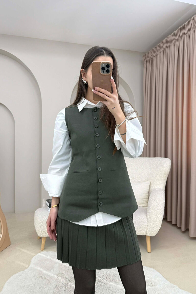 ONE COLOR BUTTONED VEST + SHORT SKIRT KNITTED WOMAN SET DARK GREEN/JEE - 2