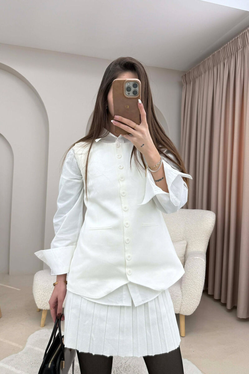 ONE COLOR BUTTONED VEST + SHORT SKIRT KNITTED WOMAN SET WHITE-E BARDHE - 3