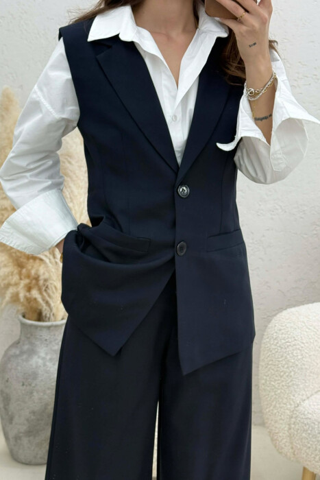 ONE COLOR BUTTONED VEST+ TROUSERS WOMAN TWO PIECE ST DARK BLUE/BEE - 3