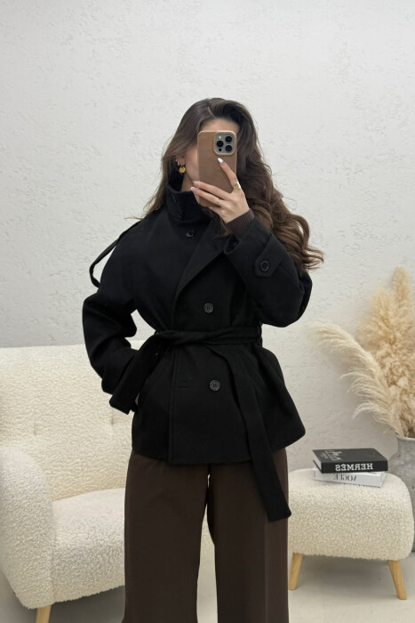 ONE COLOR BUTTONED WOMAN COAT WITH BELT BLACK/ E ZEZE 