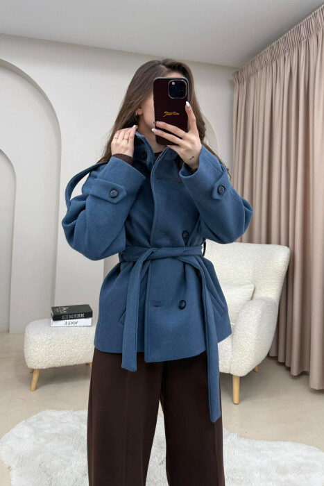 ONE COLOR BUTTONED WOMAN COAT WITH BELT BLUE/BLU 