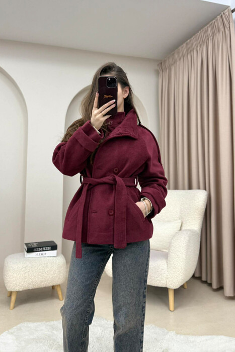 ONE COLOR BUTTONED WOMAN COAT WITH BELT BURGUNDY/VISHNJE - KLAUDIO FASHION