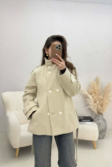ONE COLOR BUTTONED WOMAN COAT WITH BELT DARK BEIGE/BEZHE ERRET 