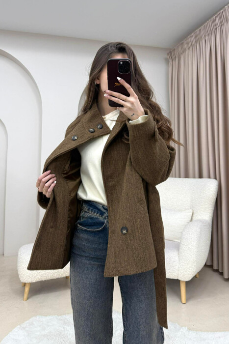 ONE COLOR BUTTONED WOMAN COAT WITH BELT DARK BROWN/KAFE ERRET - KLAUDIO FASHION