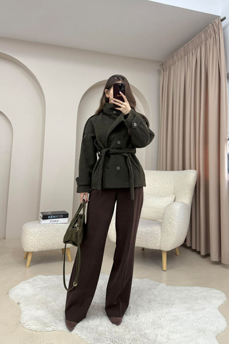 ONE COLOR BUTTONED WOMAN COAT WITH BELT DARK GREEN/JEE - 2