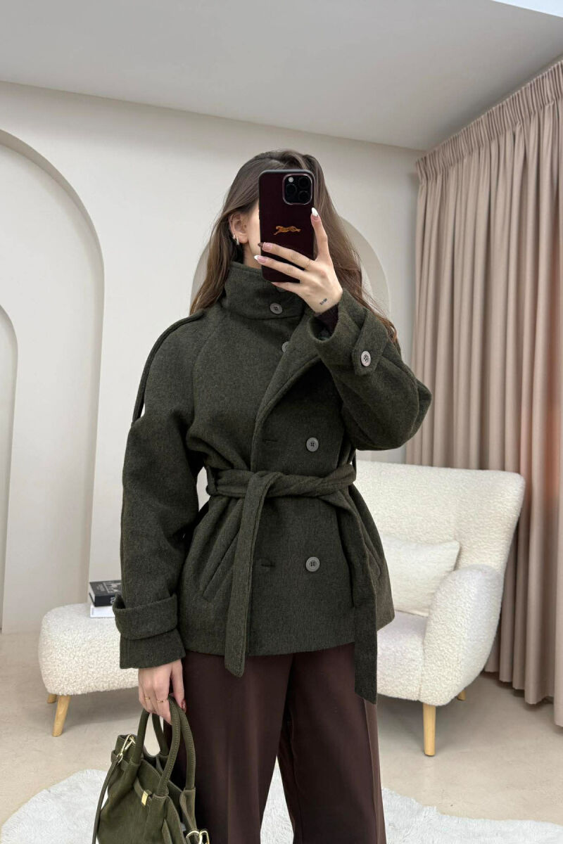 ONE COLOR BUTTONED WOMAN COAT WITH BELT DARK GREEN/JEE - 1