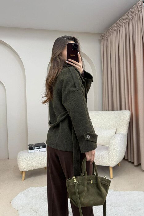 ONE COLOR BUTTONED WOMAN COAT WITH BELT DARK GREEN/JEE - 4