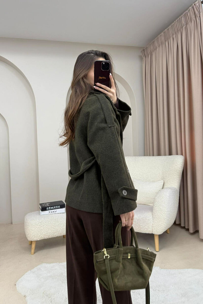 ONE COLOR BUTTONED WOMAN COAT WITH BELT DARK GREEN/JEE - 4