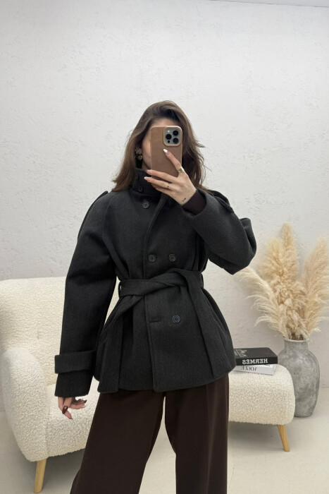 ONE COLOR BUTTONED WOMAN COAT WITH BELT DARK GREY/GEE 