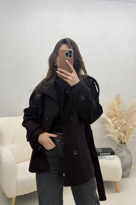 ONE COLOR BUTTONED WOMAN COAT WITH BELT DARK PURPLE/LEJLA ERRET 