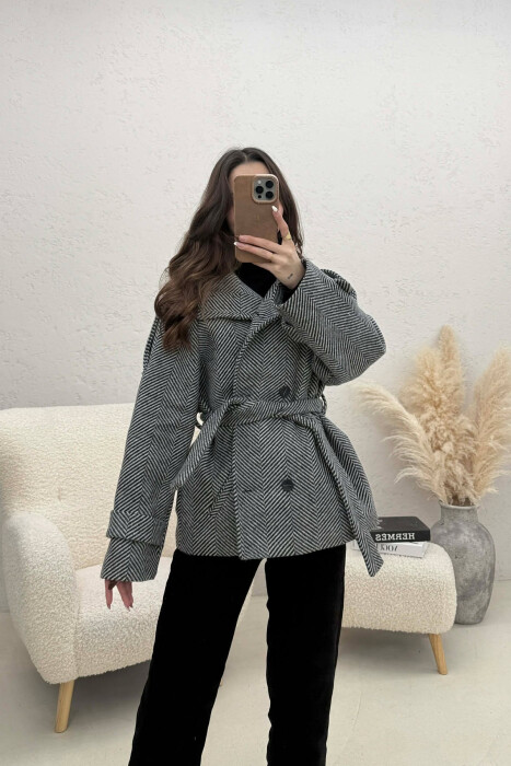 ONE COLOR BUTTONED WOMAN COAT WITH BELT GREY-WHITE/GRBA 