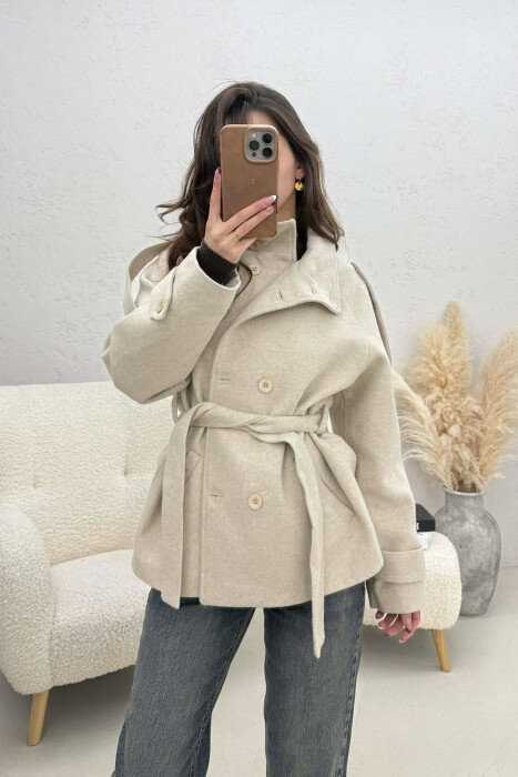 ONE COLOR BUTTONED WOMAN COAT WITH BELT LIGHT BEIGE/BZHZB 