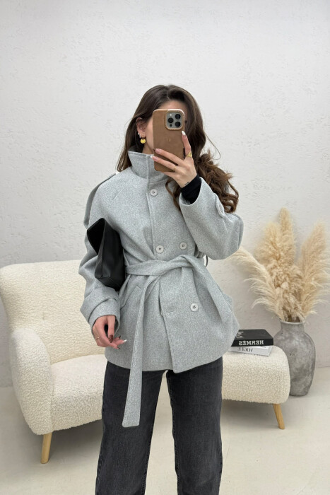 ONE COLOR BUTTONED WOMAN COAT WITH BELT LIGHT GREY/GZ 