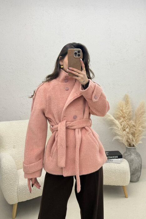 ONE COLOR BUTTONED WOMAN COAT WITH BELT POWDER/PUDER 