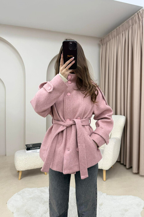 ONE COLOR BUTTONED WOMAN COAT WITH BELT POWDER/PUDER 