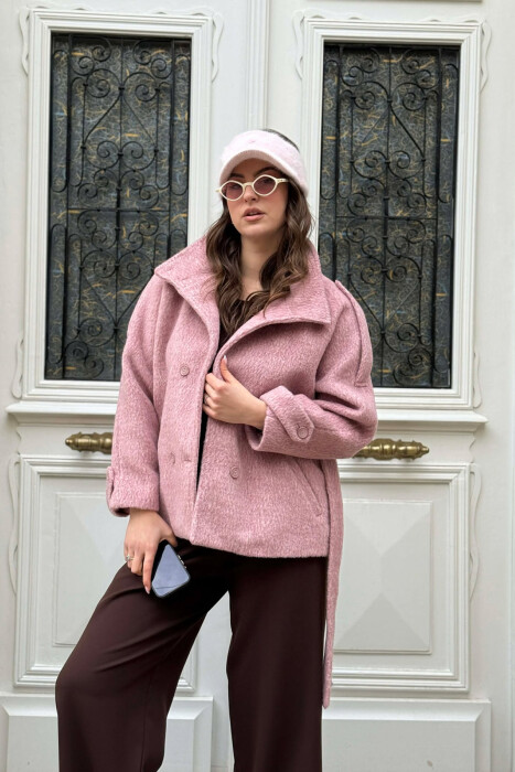 ONE COLOR BUTTONED WOMAN COAT WITH BELT VINEGAR/UTHULL - KLAUDIO FASHION