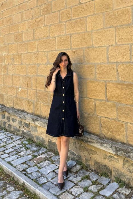 ONE COLOR BUTTONED WOMAN DRESS DARK BLUE/BEE - KLAUDIO FASHION