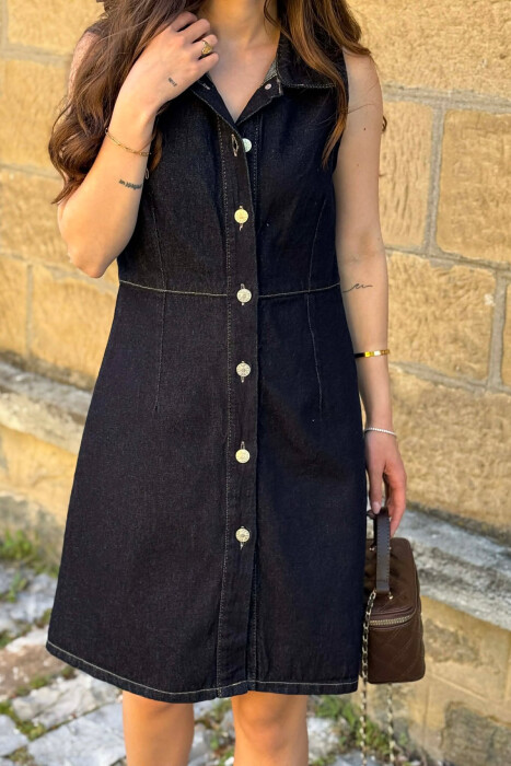 ONE COLOR BUTTONED WOMAN DRESS DARK BLUE/BEE - 2