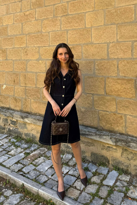 ONE COLOR BUTTONED WOMAN DRESS DARK BLUE/BEE - 3