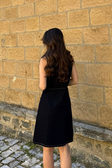 ONE COLOR BUTTONED WOMAN DRESS DARK BLUE/BEE - 4