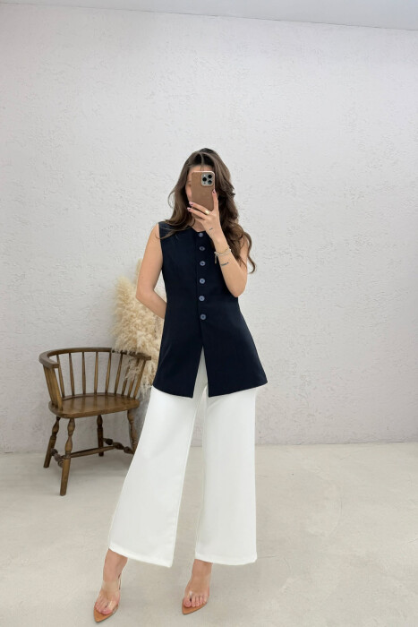 ONE COLOR BUTTONED WOMAN VEST DARK BLUE/BEE - 