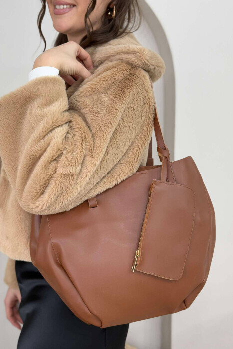 ONE COLOR BUTTONED WOMEN BAG BROWN/KAFE - 4