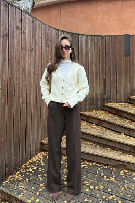 ONE COLOR BUTTONED WOMEN CARDIGAN CREAM/KREM - 1