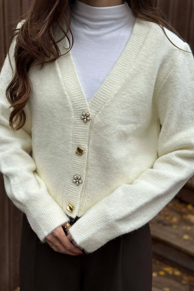ONE COLOR BUTTONED WOMEN CARDIGAN CREAM/KREM - 2
