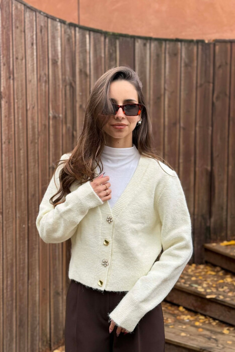 ONE COLOR BUTTONED WOMEN CARDIGAN CREAM/KREM - 4