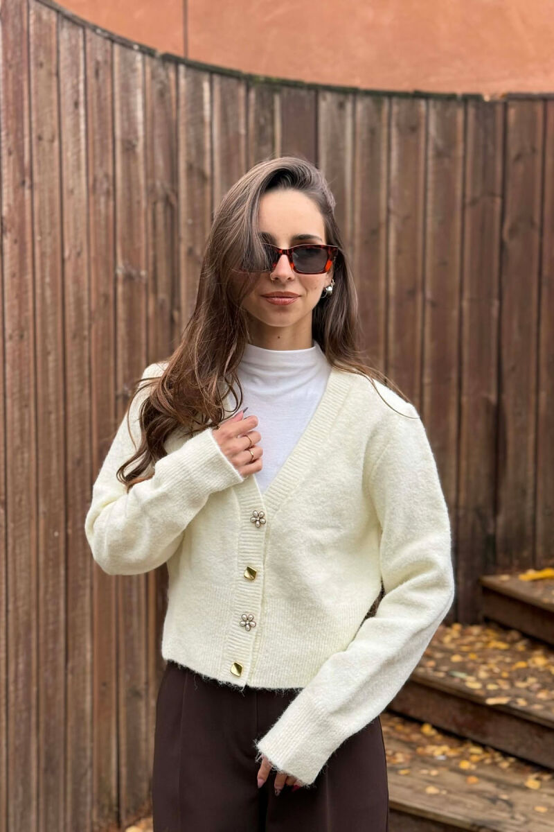 ONE COLOR BUTTONED WOMEN CARDIGAN CREAM/KREM - 4