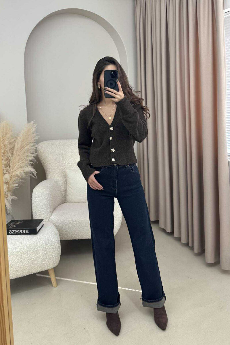 ONE COLOR BUTTONED WOMEN CARDIGAN DARK BROWN/KAE - 2