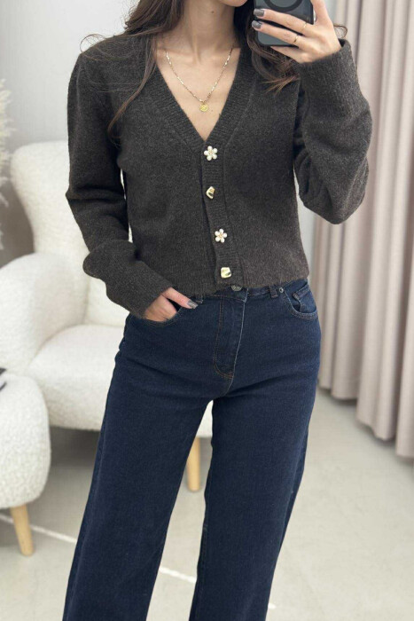 ONE COLOR BUTTONED WOMEN CARDIGAN DARK BROWN/KAE - 4