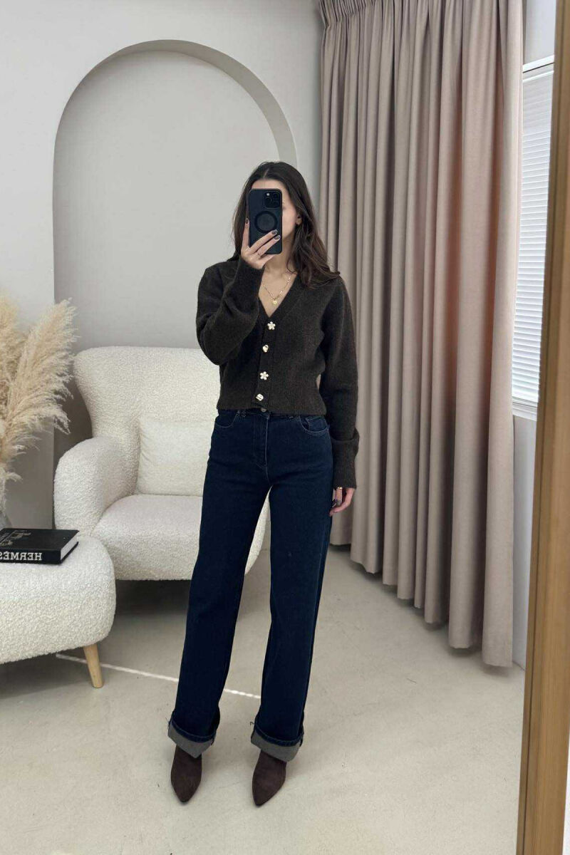 ONE COLOR BUTTONED WOMEN CARDIGAN DARK BROWN/KAE - 1