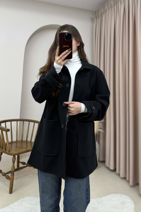 ONE COLOR BUTTONED WOMEN JACKET BLACK/ E ZEZE - 1