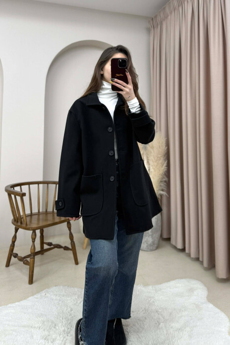 ONE COLOR BUTTONED WOMEN JACKET BLACK/ E ZEZE - 3