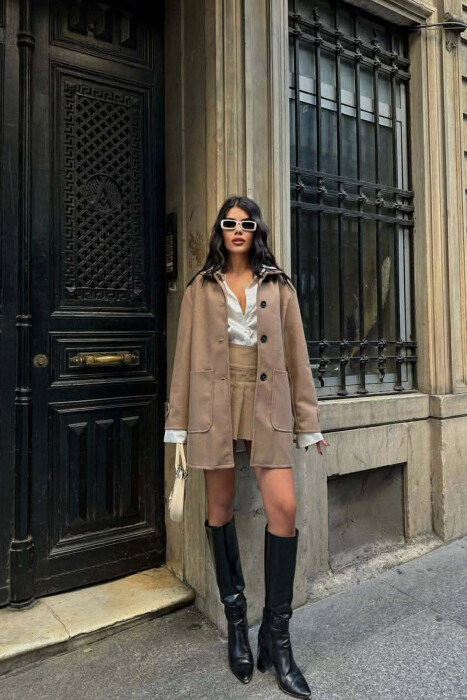 ONE COLOR BUTTONED WOMEN JACKET DARK BEIGE/BEZHE ERRET 