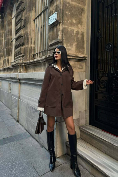 ONE COLOR BUTTONED WOMEN JACKET DARK BROWN/KAE 