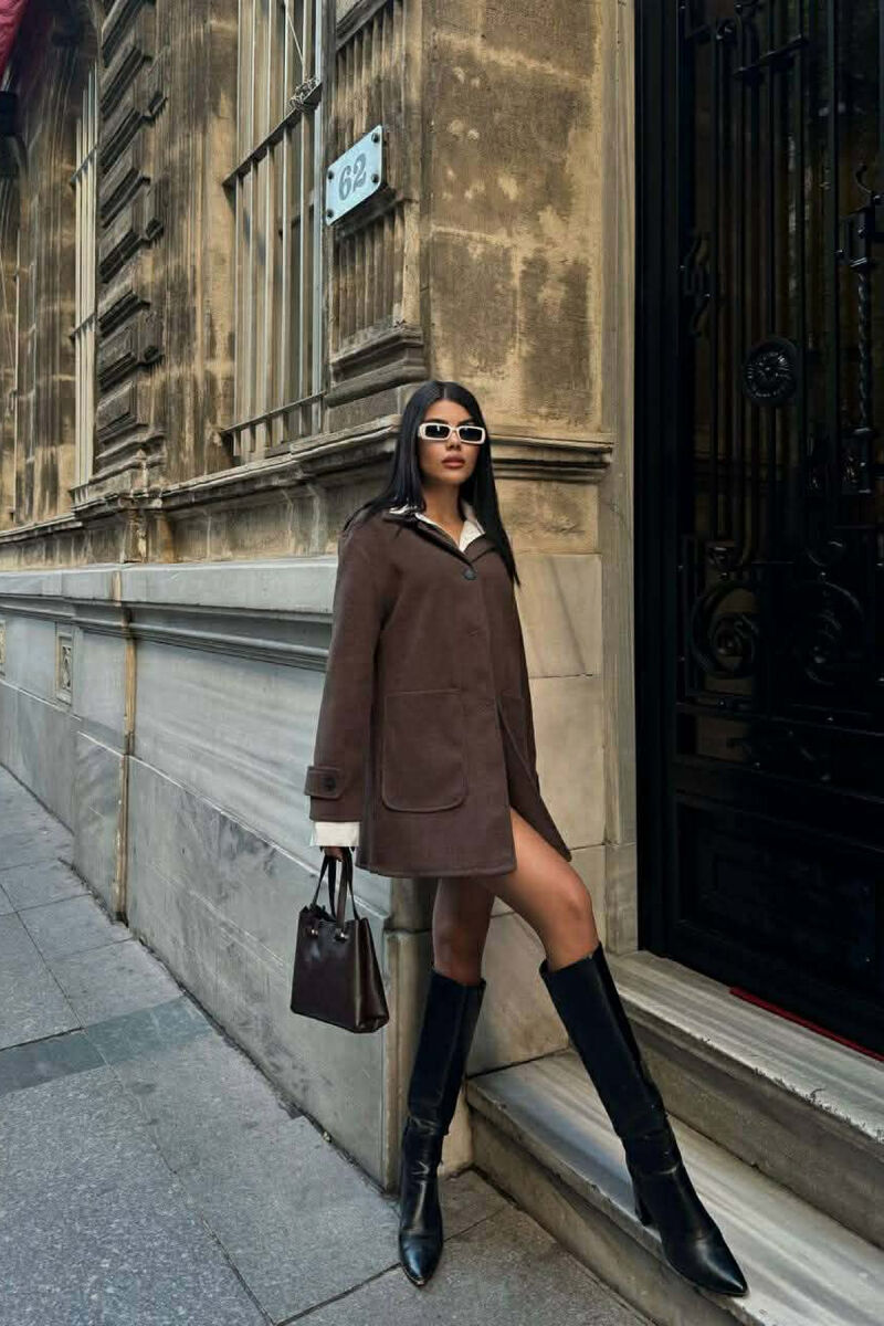 ONE COLOR BUTTONED WOMEN JACKET DARK BROWN/KAE - 5