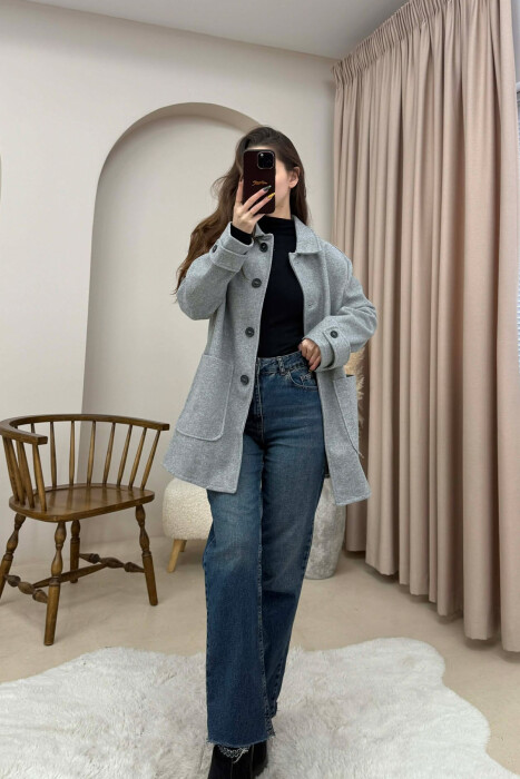 ONE COLOR BUTTONED WOMEN JACKET GREY/GRI - 4