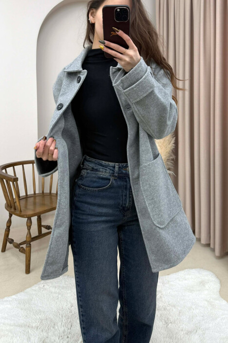 ONE COLOR BUTTONED WOMEN JACKET GREY/GRI - 3