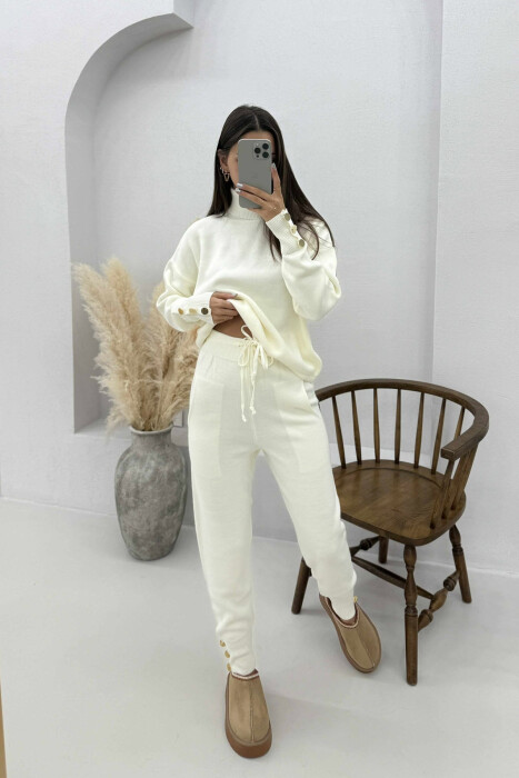TURTLE NECK SWEATER+TROUSERS KNIT WOMEN SET CREAM/KREM - 
