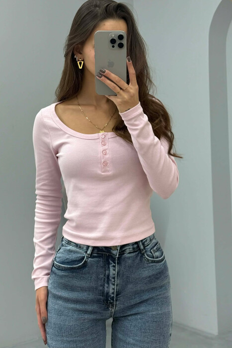 ONE COLOR BUTTONED WOMEN SWEATSHIRT BABY PINK/ROZB 