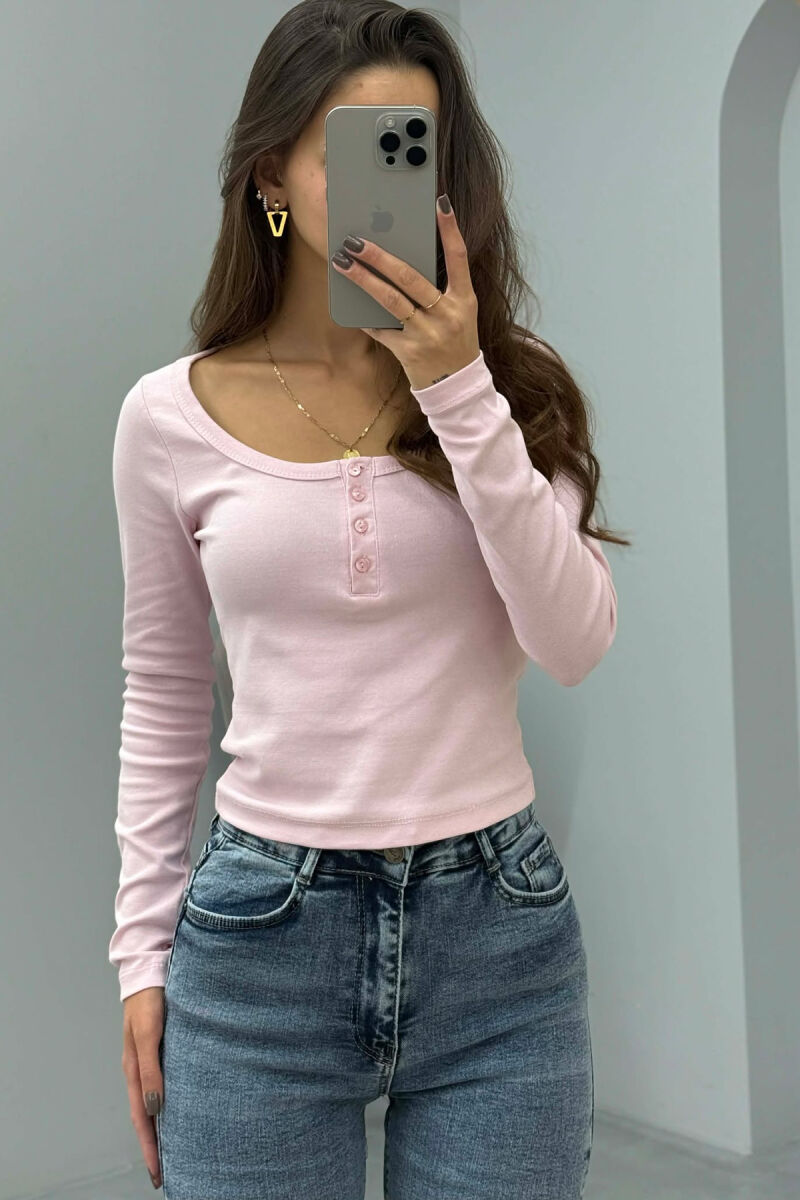 ONE COLOR BUTTONED WOMEN SWEATSHIRT BABY PINK/ROZB - 2