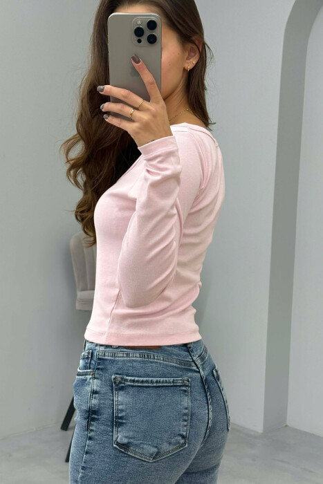 ONE COLOR BUTTONED WOMEN SWEATSHIRT BABY PINK/ROZB - 4